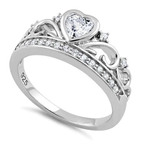 Sterling Silver Heart Crown Clear CZ Ring Sizes 7,8,10 - Picture 1 of 8